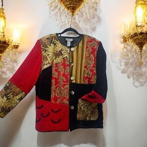 Women’s indigo moon red tapestry patchwork lined jacket 1X vintage